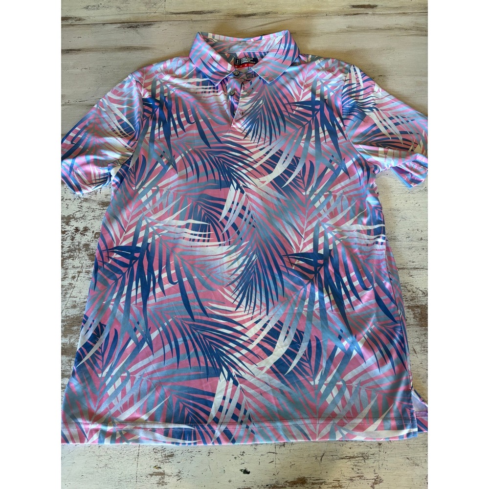 PGA TOUR polo shirt mens medium pink tropical palm leaf golf course essentials